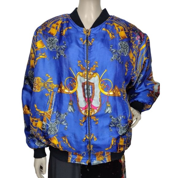 Vintage 80's Blue Gold Baroque Rococo Unisex Sateen Bomber Jacket One Si…